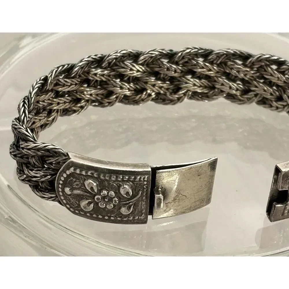 Vintage Sterling Silver Floral Clasp Braided 8” Bracelet 60g - Picture 7 of 7